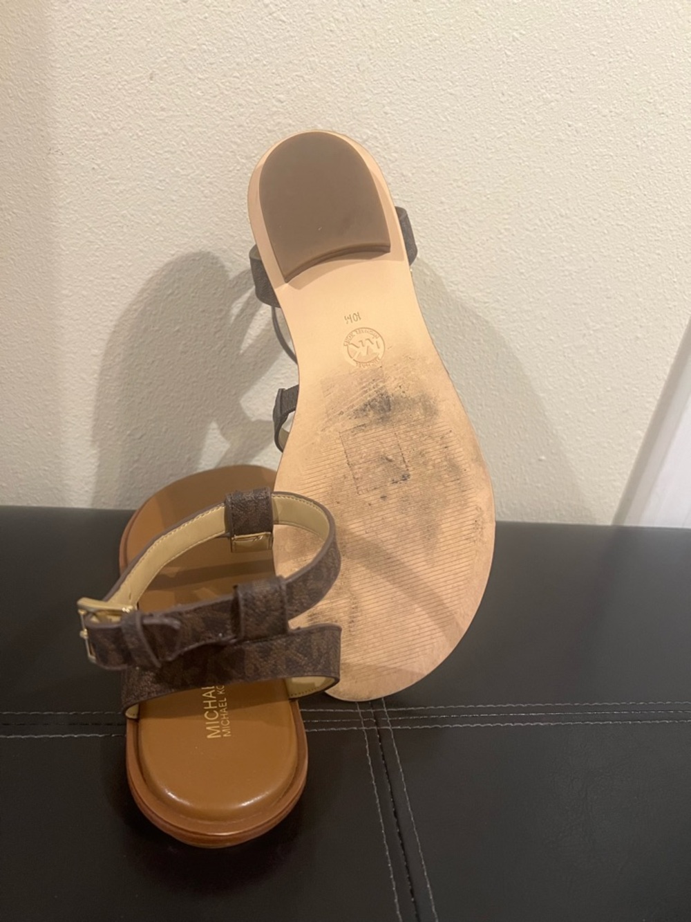 Michael Kors Brown MK Monogram T-Strap Sandals - Picture 5 of 6